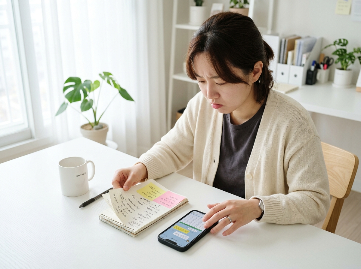 화이트 데스크에서 수첩 메모와 스마트폰 화면을 나란히 두고 문구를 찾아 비교하는 사장님